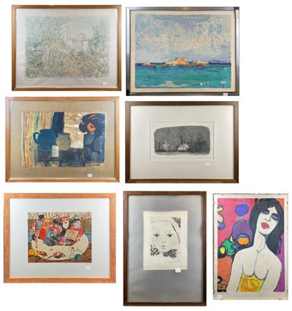 Lotto composto da sette tra litografie a colori e acquaforti di autori, soggett