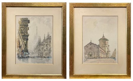 Giulio Falzoni Lotto composto da due tecniche miste su carta raffiguranti veduta