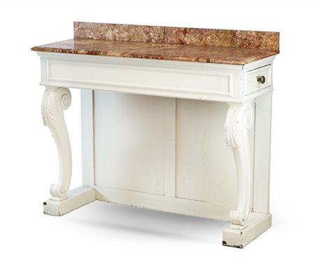 Console in legno verniciato bianco con due cassetti nella fascia laterale, gamb