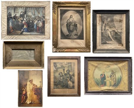 Cartone contenente diverse stampe (alcune in cornici) e un disegno (in cornice)