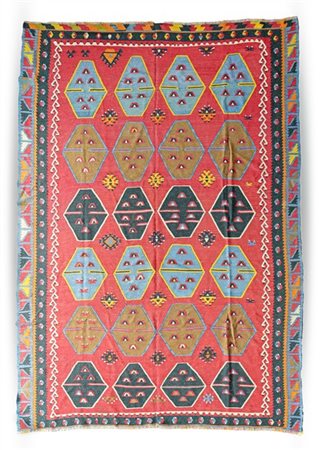 Tappeto Kilim Qashqai, Persia, inizio secolo XX. Decoro con sei file di medagli