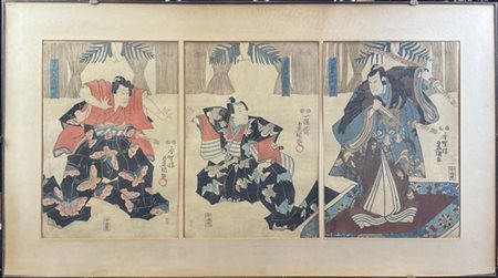 Trittico di xilografie raffiguranti samurai. 
Giappone, periodo Meiji (1868-191