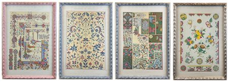 Gruppo di quattro litografie a colori raffiguranti diversi ornamenti. In cornic