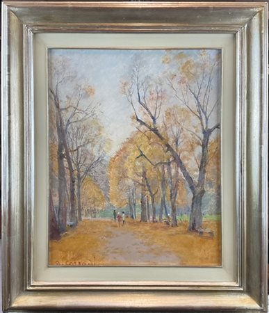 Alfonso Corradi "Giardini pubblici in autunno" 
olio su cartone telato (cm 50x40