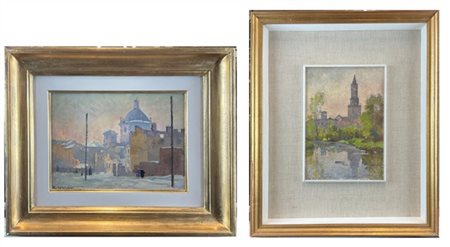 Alfonso Corradi Lotto composto da due "Scorci" ad olio su cartone (cm max 20x28)