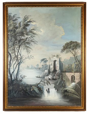 Ignoto del secolo XX. Paesaggio lacustre con cascatella e ruderi, tempera su ca