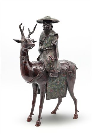 Figura di saggio che cavalca un cervo in smalto cloisonné
Giappone, periodo Edo