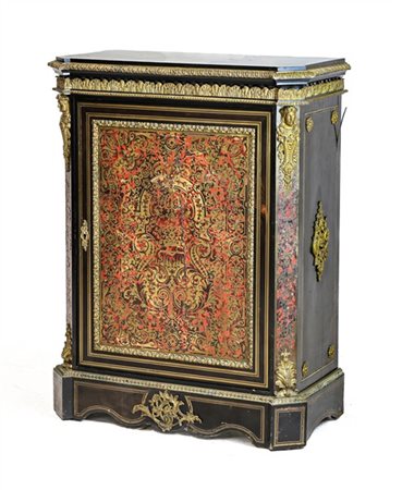 Credenzino scantonato ad un'anta in legno ebanizzato ed intarsiato nei modi Bou