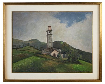 Angelo Santagostino "Paesaggio con campanile" 1929
olio su compensato (cm 45x60)