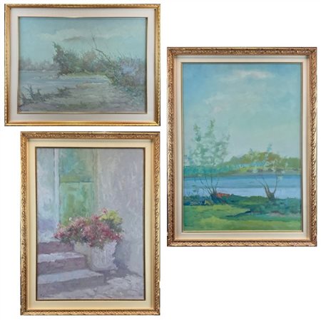 Federico Boriani Due dipinti raffiguranti "Paesaggi" e uno raffigurante "Composi