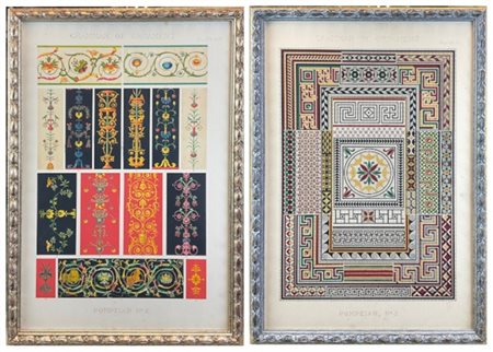 Due litografie a colori raffiguranti ornamenti pompeiani. In cornici di colori