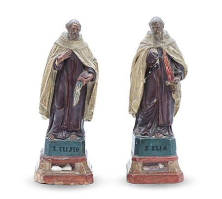 Manifattura del secolo XIX. Coppia di figure in terracotta dipinta in policromi