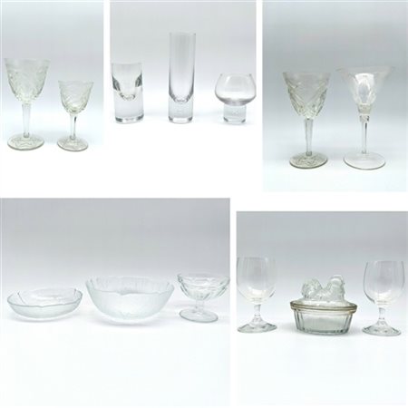 Lotto di cinque cartoni contenenti numerosi bicchieri e oggetti vari in vetro e