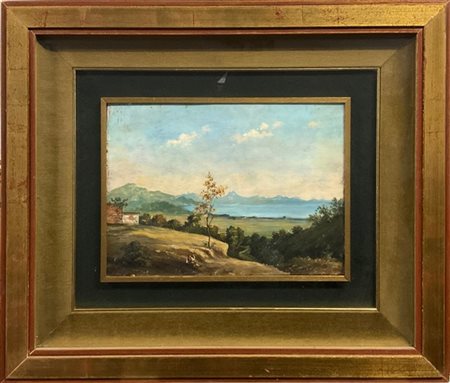 Ignoto di inizio secolo XX

"Paesaggio lacustre con figura" 
olio su tavola (cm