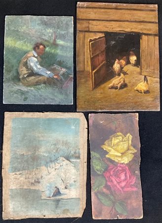 Lotto composto da quattro dipinti di diversi autori, soggetti e misure (difetti