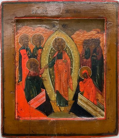 Arte russa, secolo XIX. Icona a tempera su tavola raffigurante la Discesa agli