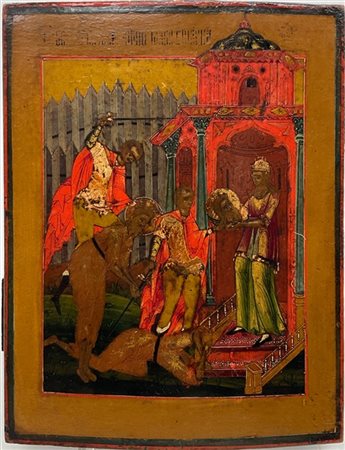 Arte russa, secolo XIX. Icona a tempera su tavola raffigurante la decollazione