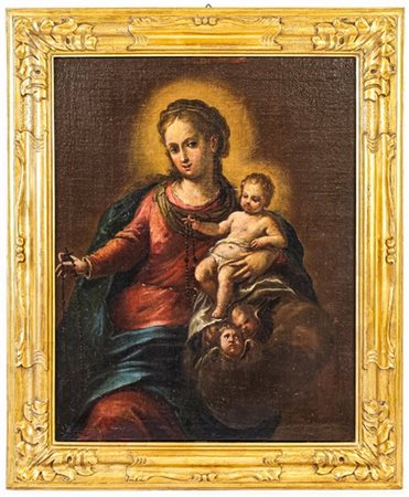 Scuola del secolo XVIII

"Madonna del Rosario"
olio su tela (cm 73x58)
in corni