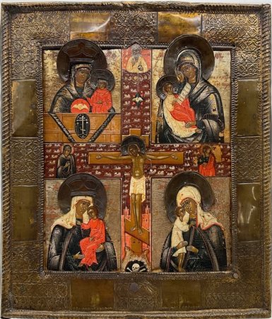 Arte russa, secolo XIX. Icona quadripartita a tempera su tavola con Crocefissio