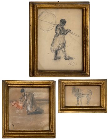 Emilio Gola "Lotto composto da tre studi per scene contadine a carboncino su car