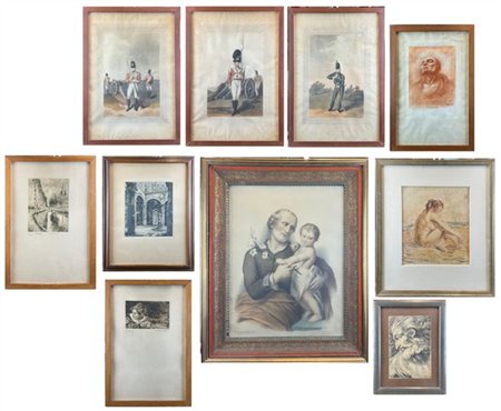 Cartone contenente numerose stampe e incisioni di diversa epoca e formato, in c