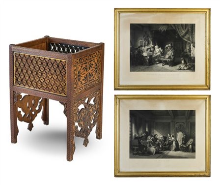 Lotto composto da un mobiletto contenitore in legno intagliato a bassorilievo s