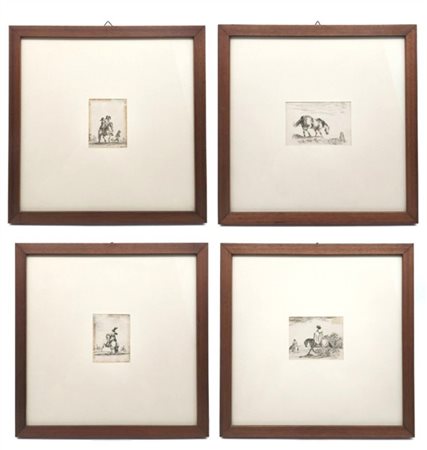 Stefano Della Bella Gruppo di quattro acqueforti raffiguranti "Cavalieri"
(corni
