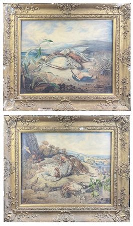 E. Mares
Coppia di "Cacciagioni entro paesaggi"
tecnica mista su carta applicat