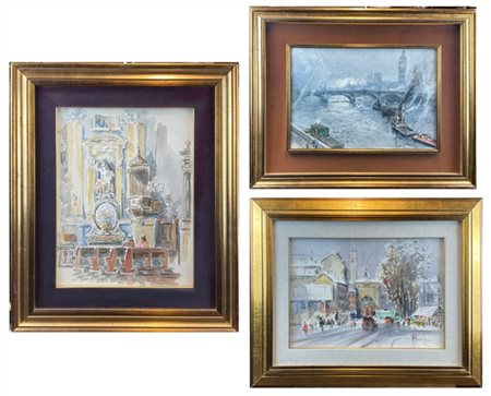 Lotto composto da tre acquerelli di diversi soggetti, autori e misure (cm max 3