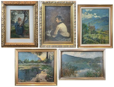 Enrico Ravetta Lotto composto da cinque dipinti di diversi soggetti ad olio su d