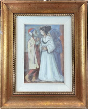 Luigi Filocamo "La pretesa" 
tempera su tela (cm 35x25)
firmato in alto a sinist