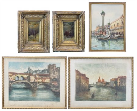 Lotto composto da una "Veduta veneziana" ad acquarello su carta, due dipinti ad