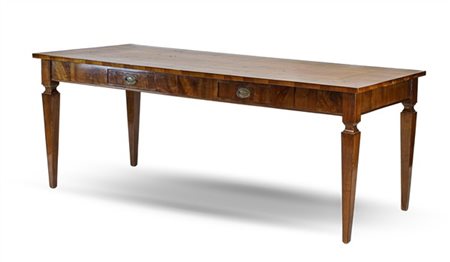 Tavolo lastronato in noce e filettato in legni vari con piano rettangolare e du