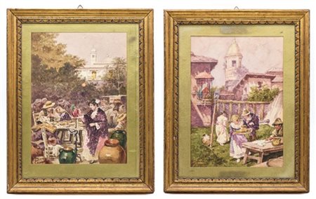 Riccardo Pellegrini Coppia di acquerelli su carta raffiguranti "Scene di genere"