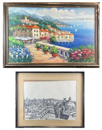 Lotto composto da un acrilico su tela (cm 60x90) raffigurante una veduta costie