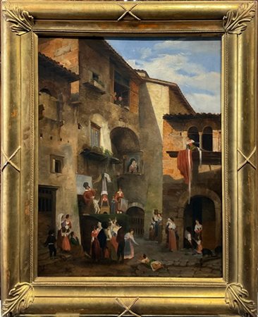 Scuola del secolo XIX

"Commedia dell'arte in un borgo" 
olio su tela (cm 53x41