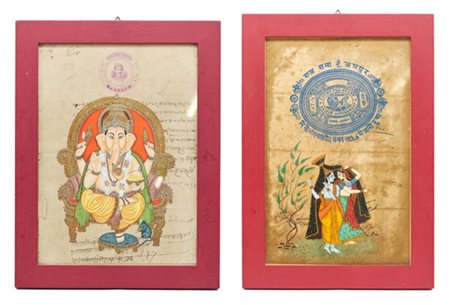 Arte indiana, secolo XX. Due dipinti su carta raffiguranti divinità e due figur