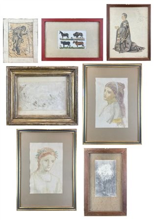 Lotto composto da un antico disegno raffigurante "Figure", due acquerelli di Al