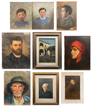 Lotto composto da nove dipinti ad olio su diversi supporti, di vari autori, sog