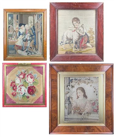Lotto composto da quattro ricami a piccolo punto di cui due raffiguranti fanciu
