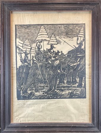 Francesco Dal Pozzo "La guerra fra i Birmani e i Siamesi", Bangkok, 1928, xilogr