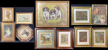 Lotto composto da undici quadri con ricami a piccolo punto raffiguranti animali