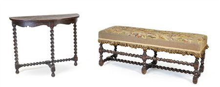 Lotto composto da una panchetta in rovere con gambe e traverse di raccordo a to