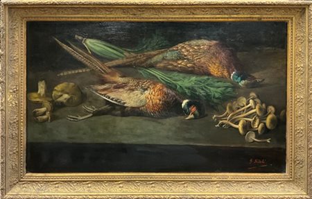 Giuseppe Sidoli "Composizione con cacciagione e funghi" 
olio su compensato (cm