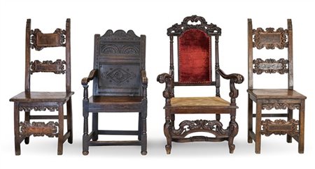Lotto composto da due antiche poltrone e una coppia di sedie in legno intagliat