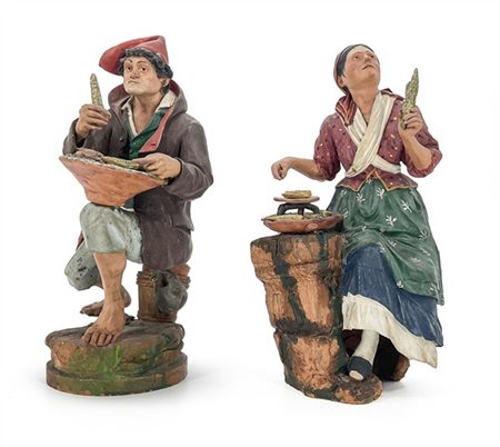 Manifattura di Napoli, secolo XIX-XX. Coppia di figure presepiali in terracotta