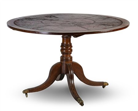 Tavolo in mogano con piano circolare centrato da riserva in pelle, sostegno tor