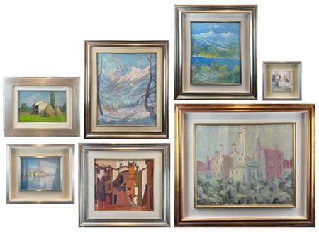 Lotto composto da sette dipinti ad olio su diversi supporti, di diversi soggett