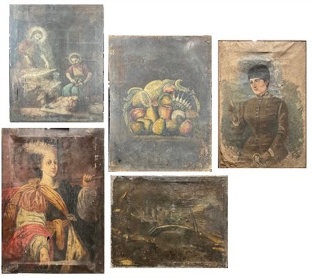 Lotto composto da cinque antichi dipinti ad olio su tela, di cui due ritratti f