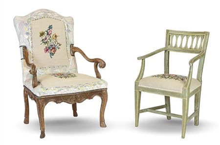 Lotto composto da una poltrona in legno intagliato con braccioli desinenti a ri